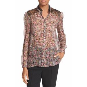NWT The Kooples Lace Trim Floral Silk Button Down Blouse XXS